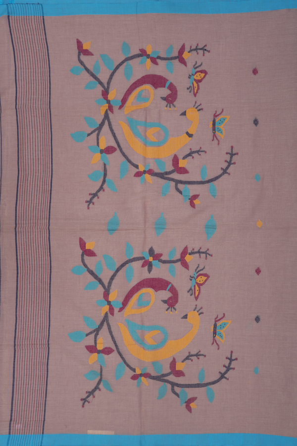 Bengal Cotton Saree In Pastel Grey With Threadwork Buttas