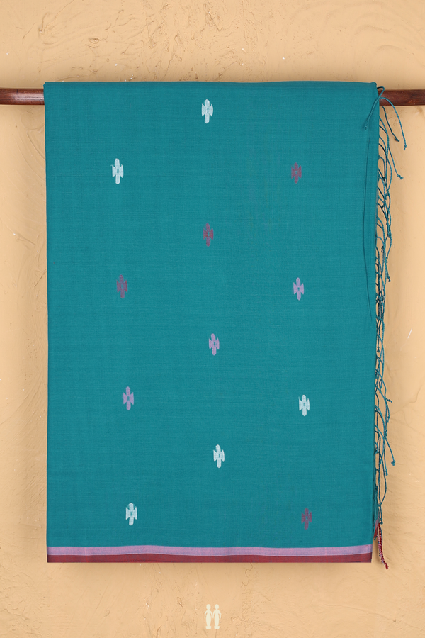 Bengal Cotton Saree In Teal Blue With Threadwork Buttas