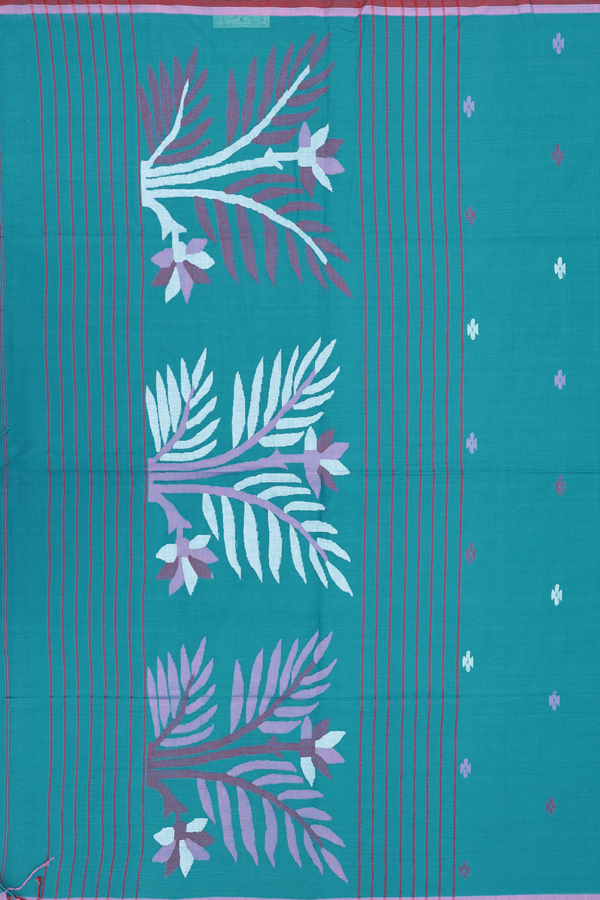 Bengal Cotton Saree In Teal Blue With Threadwork Buttas