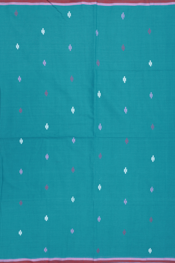 Bengal Cotton Saree In Teal Blue With Threadwork Buttas