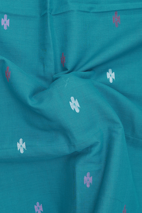 Bengal Cotton Saree In Teal Blue With Threadwork Buttas