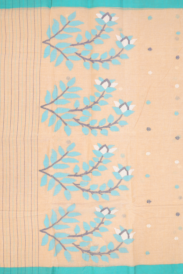 Bengal Cotton Saree In Light Brown With Threadwork Buttas