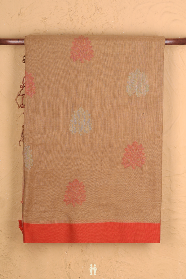 Bengal Cotton Saree In Brown With Leaf Motifs