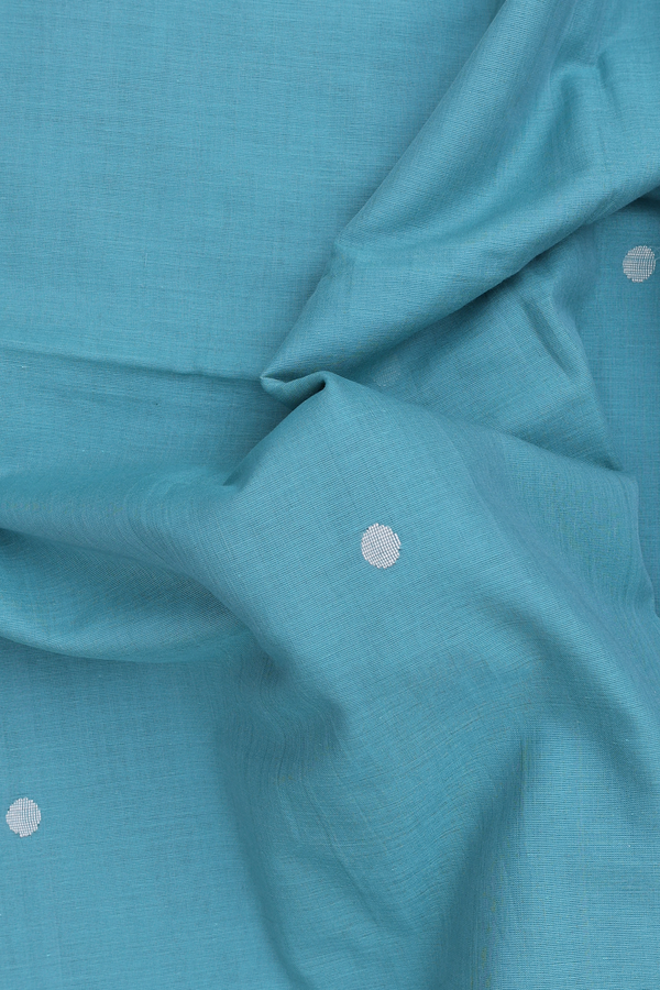 Bengal Cotton Saree In Turkish Blue With Polka Buttas