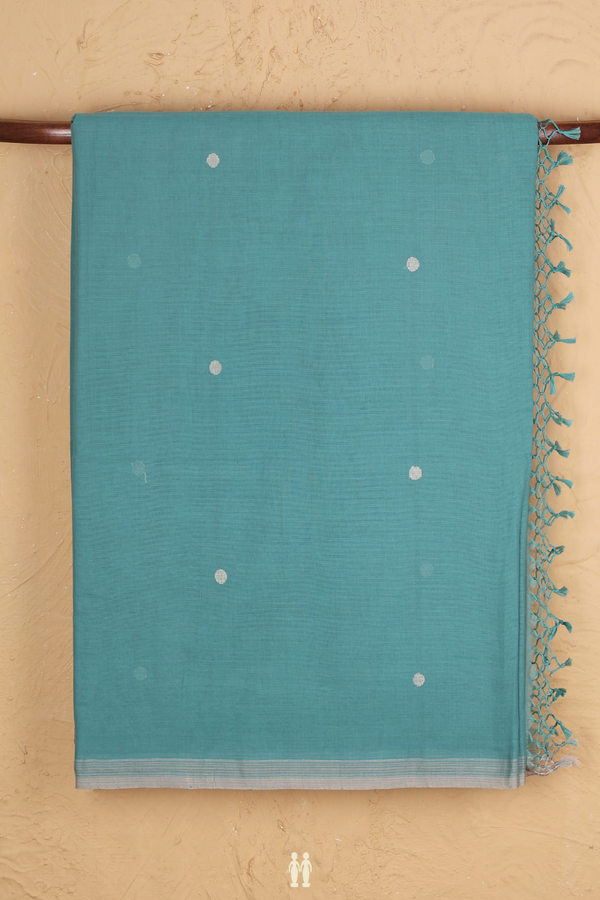 Bengal Cotton Saree In Turkish Blue With Polka Buttas