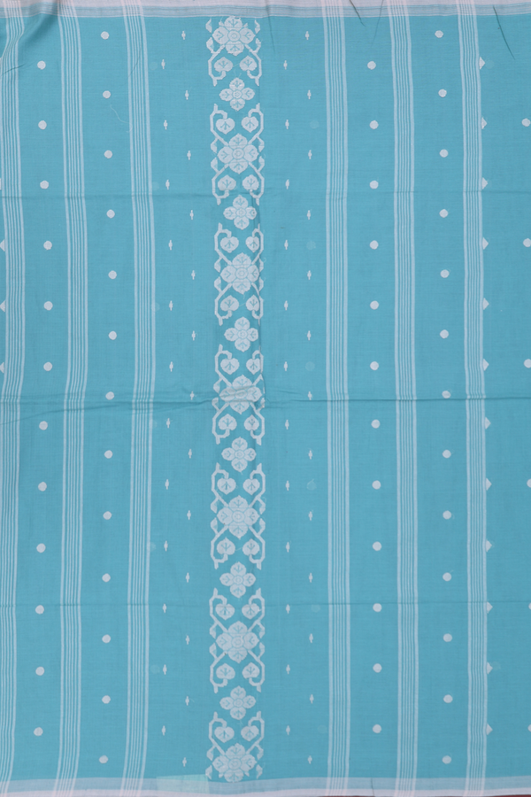 Bengal Cotton Saree In Turkish Blue With Polka Buttas