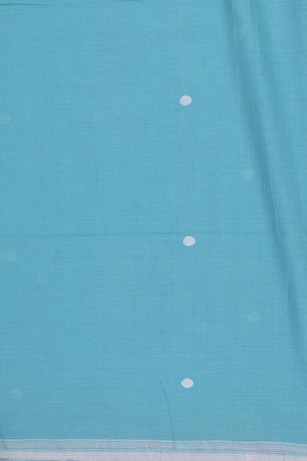 Bengal Cotton Saree In Turkish Blue With Polka Buttas