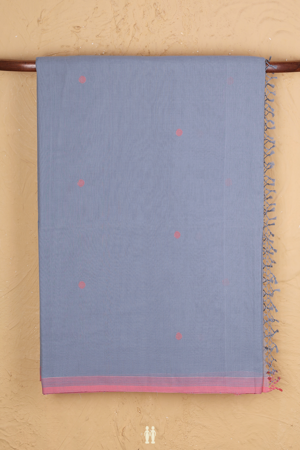 Bengal Cotton Saree In Steel Blue With Threadwork Buttas