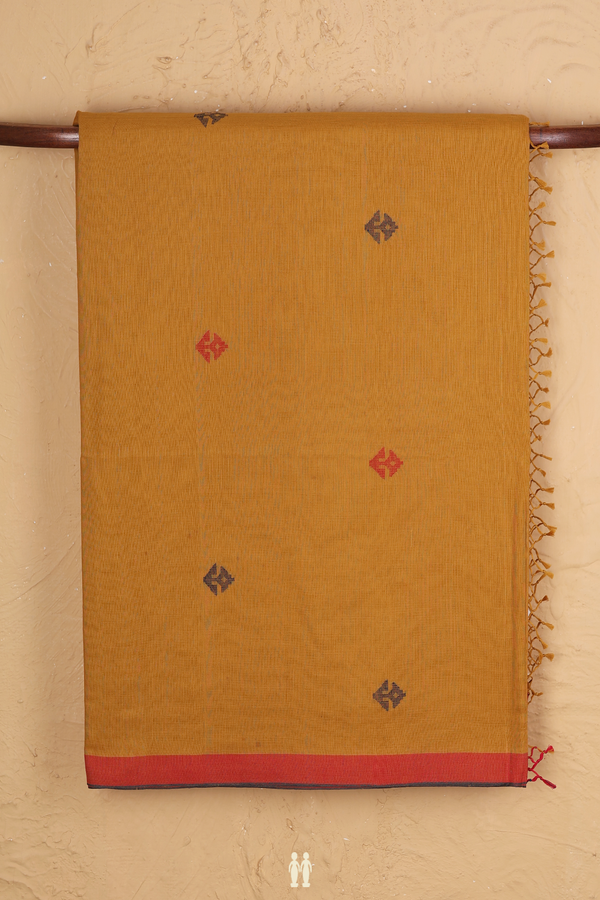 Bengal Cotton Saree In Golden Brown With Threadwork Buttas
