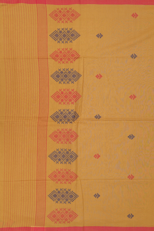 Bengal Cotton Saree In Golden Brown With Threadwork Buttas