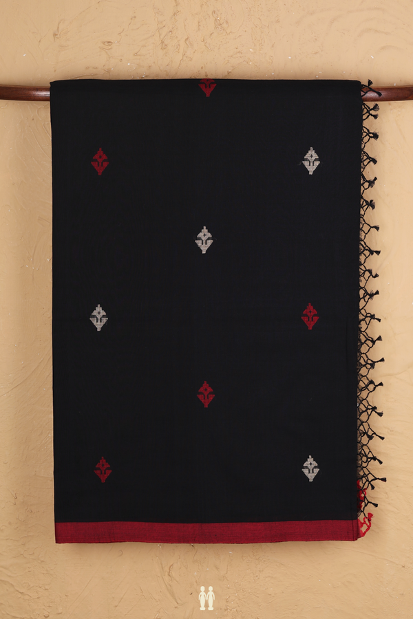 Bengal Cotton Saree In Black With Floral Buttas