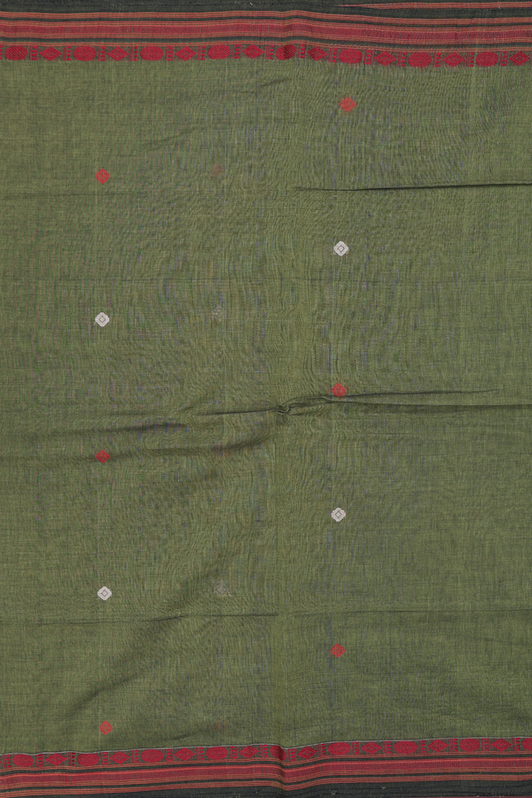 Bengal Cotton Saree In Mehendi Green With Threadwork Buttas
