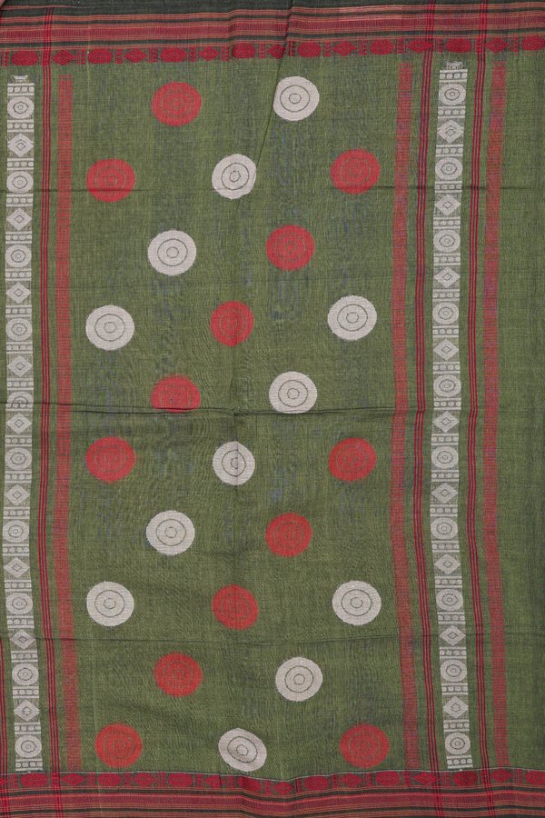 Bengal Cotton Saree In Mehendi Green With Threadwork Buttas