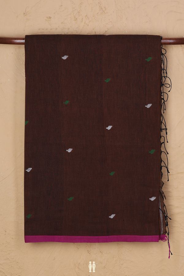 Bengal Cotton Saree In Walnut Brown With Threadwork Buttas