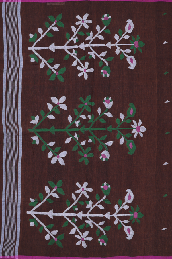 Bengal Cotton Saree In Walnut Brown With Threadwork Buttas