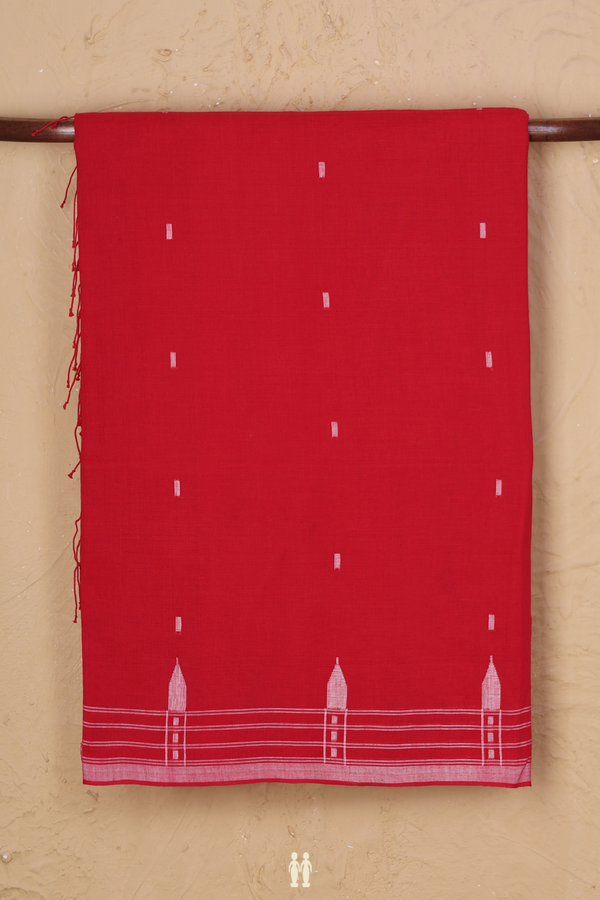 Bengal Cotton Saree In Scarlet Red With Threadwork Buttas
