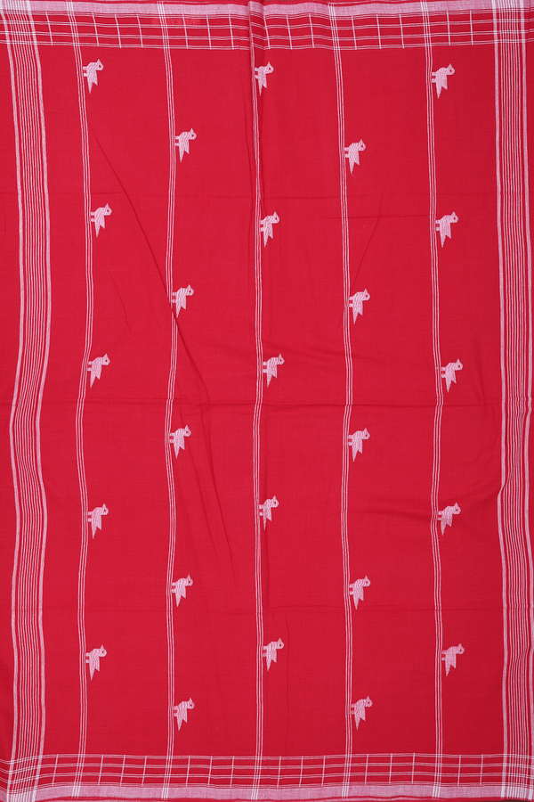 Bengal Cotton Saree In Scarlet Red With Threadwork Buttas