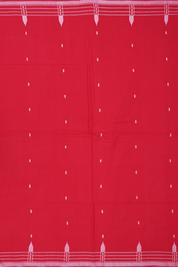 Bengal Cotton Saree In Scarlet Red With Threadwork Buttas