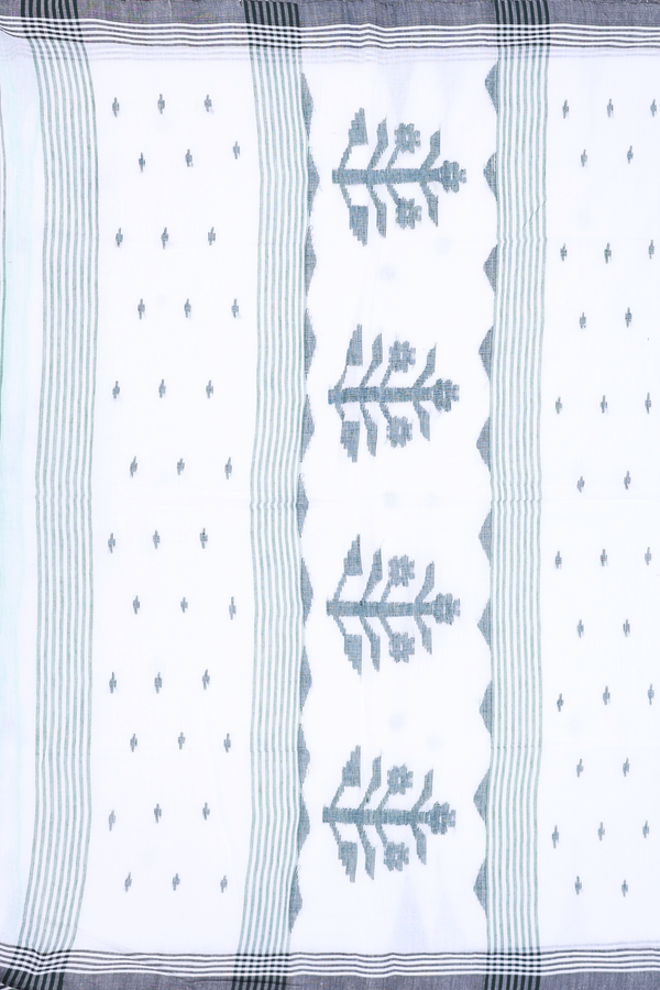 Bengal Cotton Saree In White With Threadwork Buttas