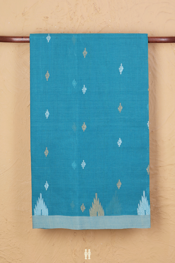 Bengal Cotton Saree In Turkish Blue With Threadwork Buttas