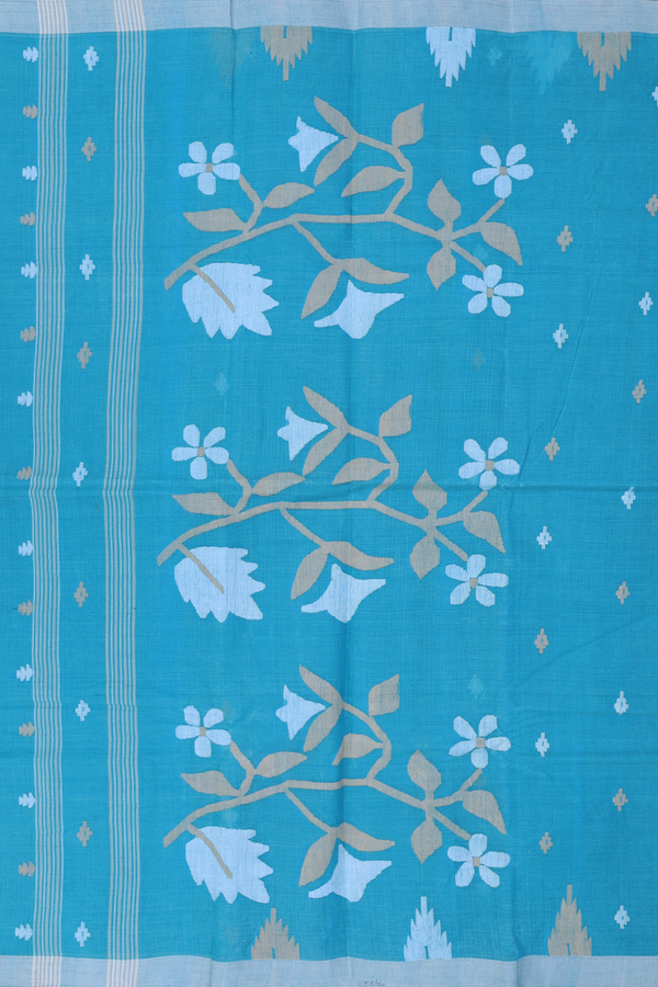 Bengal Cotton Saree In Turkish Blue With Threadwork Buttas
