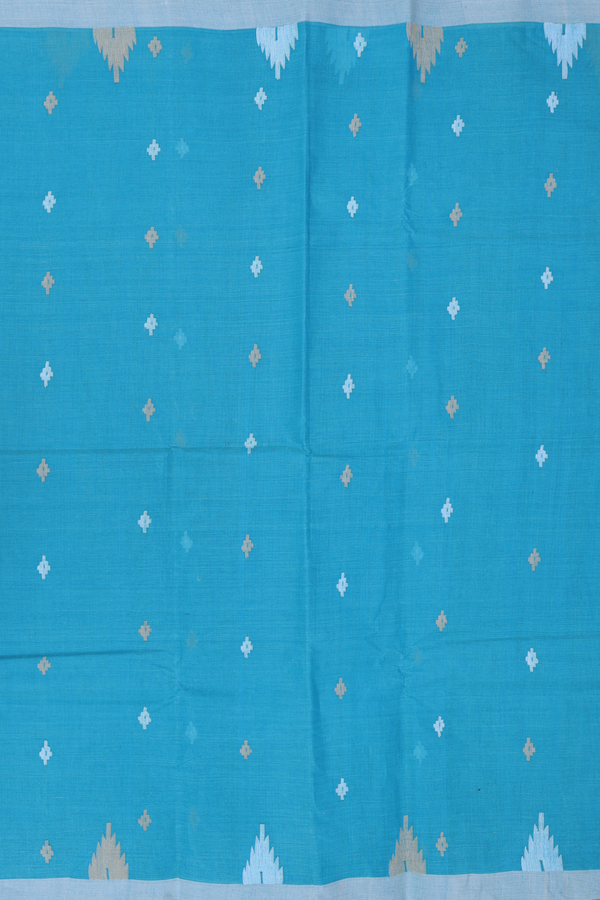 Bengal Cotton Saree In Turkish Blue With Threadwork Buttas
