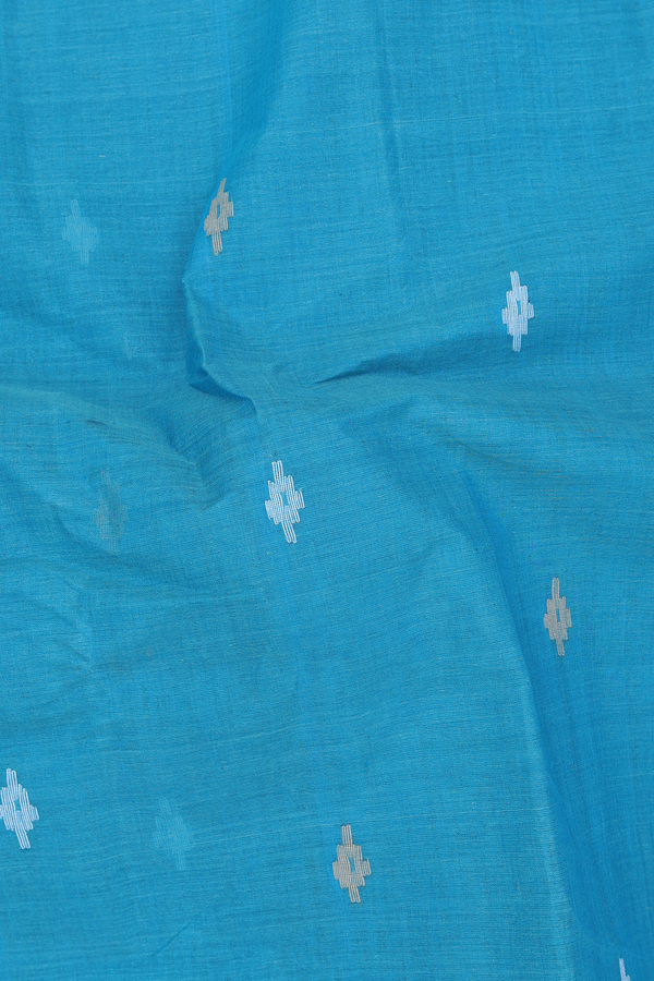 Bengal Cotton Saree In Turkish Blue With Threadwork Buttas