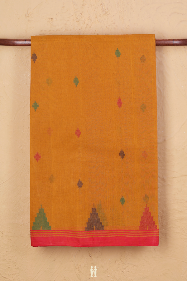 Bengal Cotton Saree In Mustard Orange With Threadwork Buttas