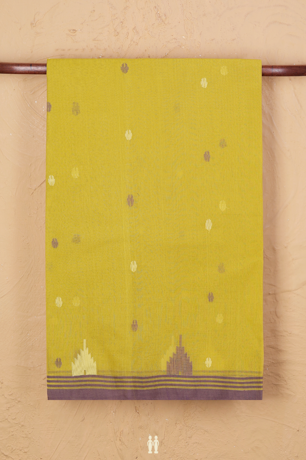 Bengal Cotton Saree In Olive Yellow With Threadwork Buttas