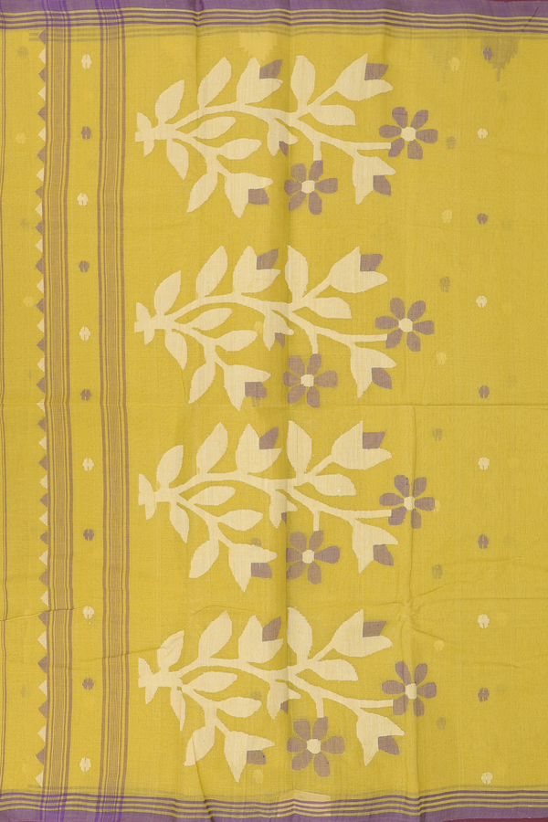 Bengal Cotton Saree In Olive Yellow With Threadwork Buttas