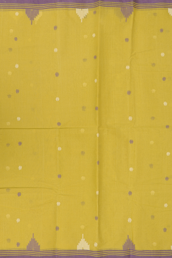 Bengal Cotton Saree In Olive Yellow With Threadwork Buttas