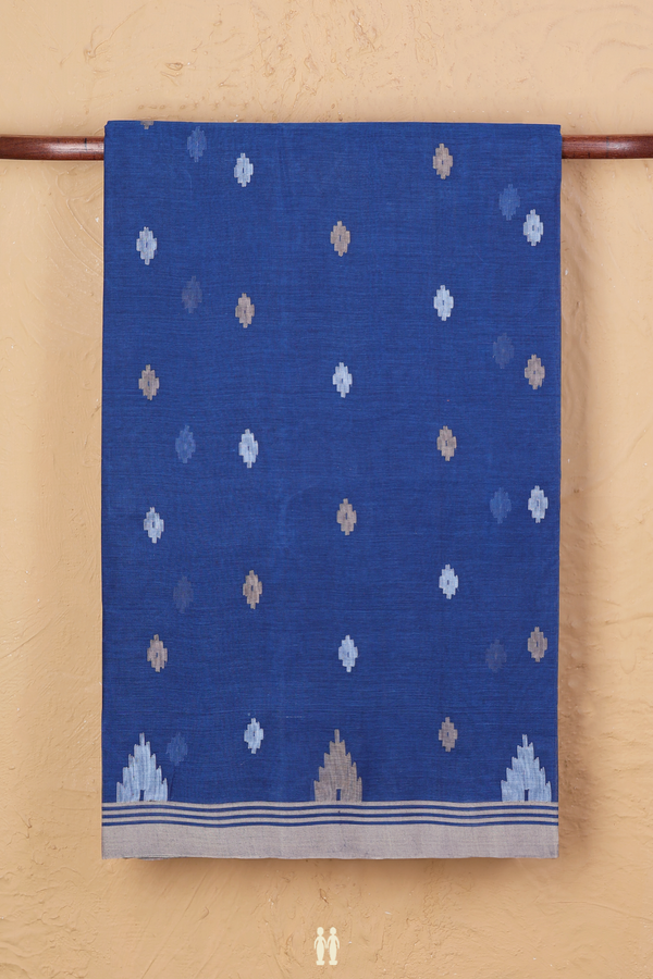 Bengal Cotton Saree In Capri Blue With Threadwork Buttas