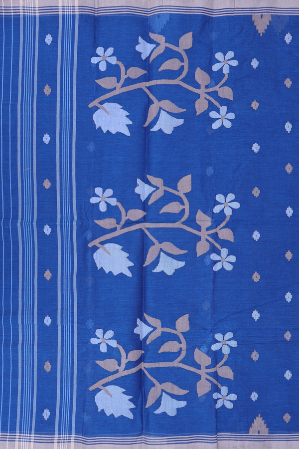 Bengal Cotton Saree In Capri Blue With Threadwork Buttas