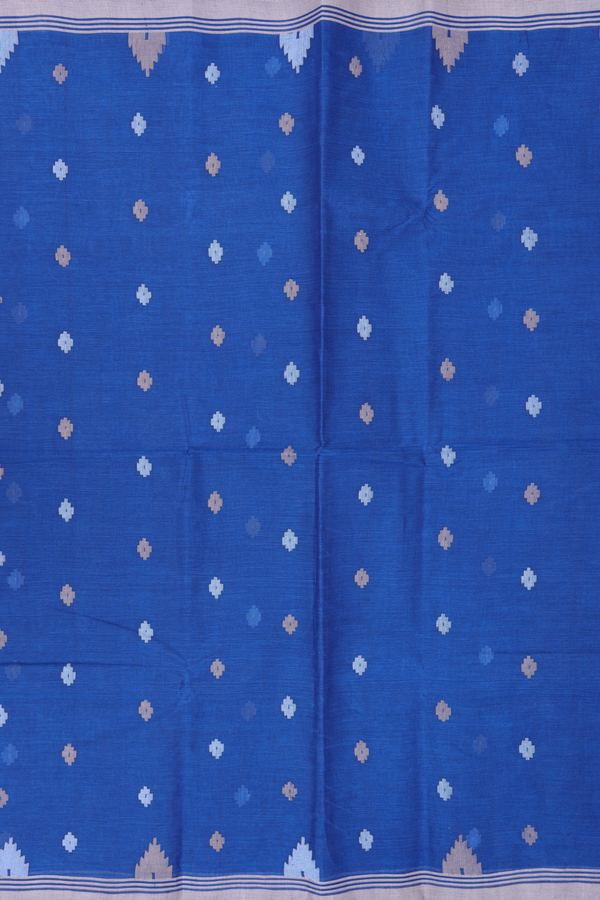 Bengal Cotton Saree In Capri Blue With Threadwork Buttas