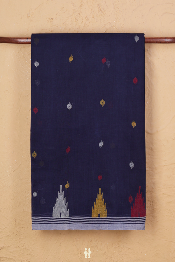 Bengal Cotton Saree In Navy Blue With Threadwork Buttas