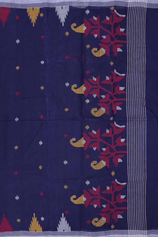 Bengal Cotton Saree In Navy Blue With Threadwork Buttas