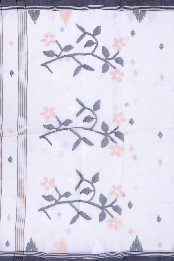 Bengal Cotton Saree In White With Threadwork Buttas