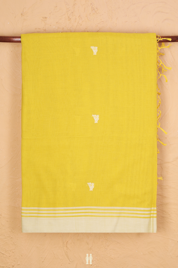 Bengal Cotton Saree In Olive Yellow With Threadwork Buttas