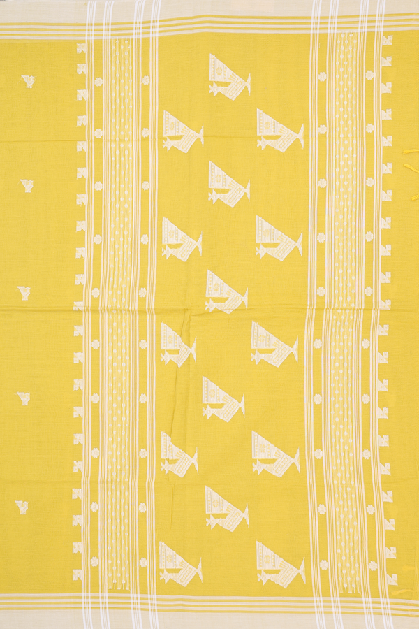 Bengal Cotton Saree In Olive Yellow With Threadwork Buttas
