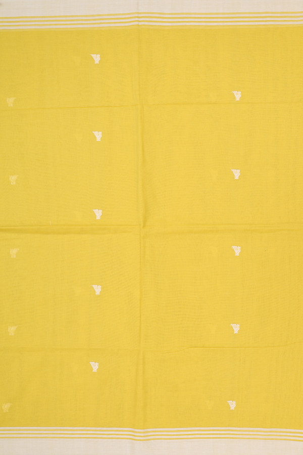 Bengal Cotton Saree In Olive Yellow With Threadwork Buttas
