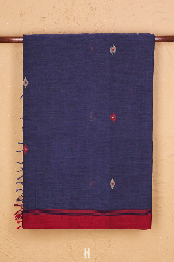 Bengal Cotton Saree In Oxford Blue With Threadwork Buttas