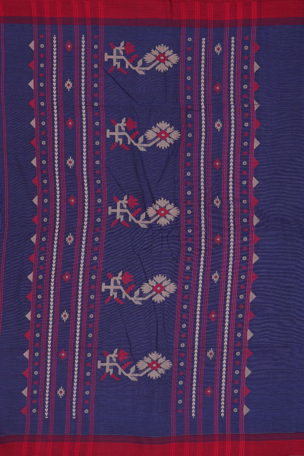 Bengal Cotton Saree In Oxford Blue With Threadwork Buttas