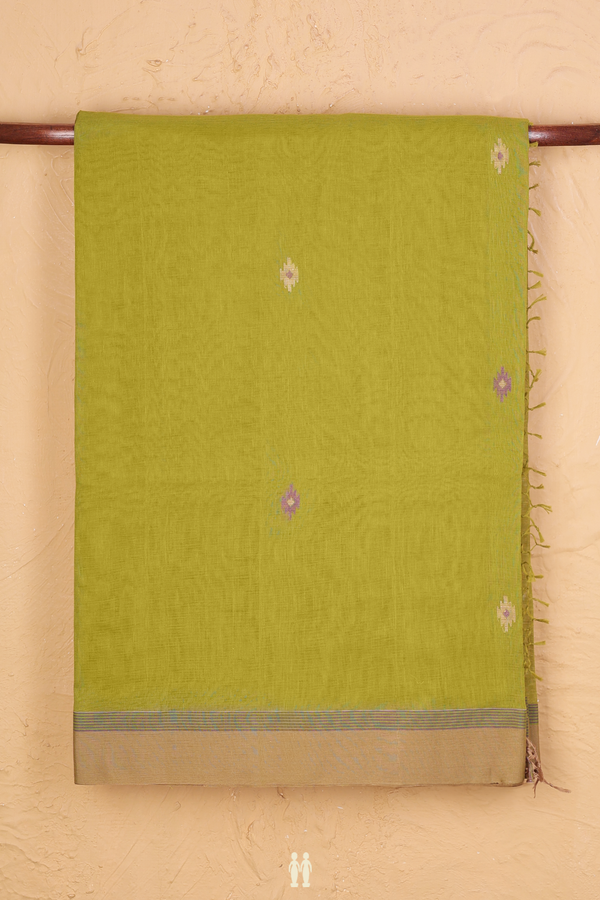 Bengal Cotton Saree In Olive Green With Threadwork Buttas