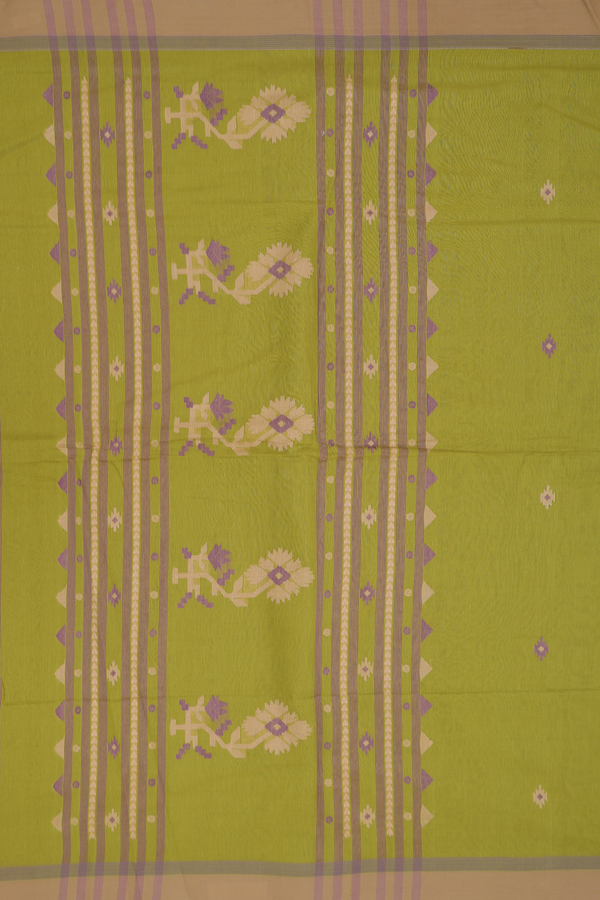 Bengal Cotton Saree In Olive Green With Threadwork Buttas