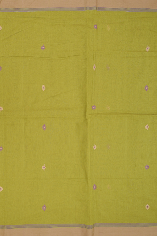 Bengal Cotton Saree In Olive Green With Threadwork Buttas