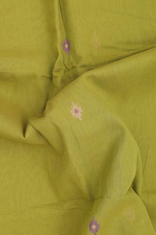 Bengal Cotton Saree In Olive Green With Threadwork Buttas