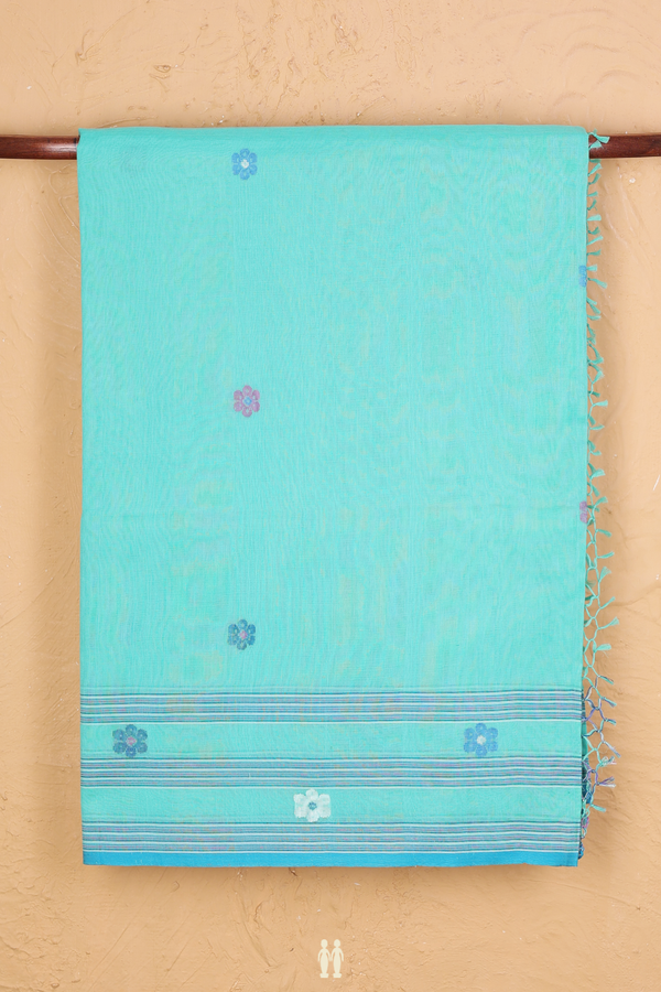Bengal Cotton Saree In Tiffany Blue With Floral Buttas