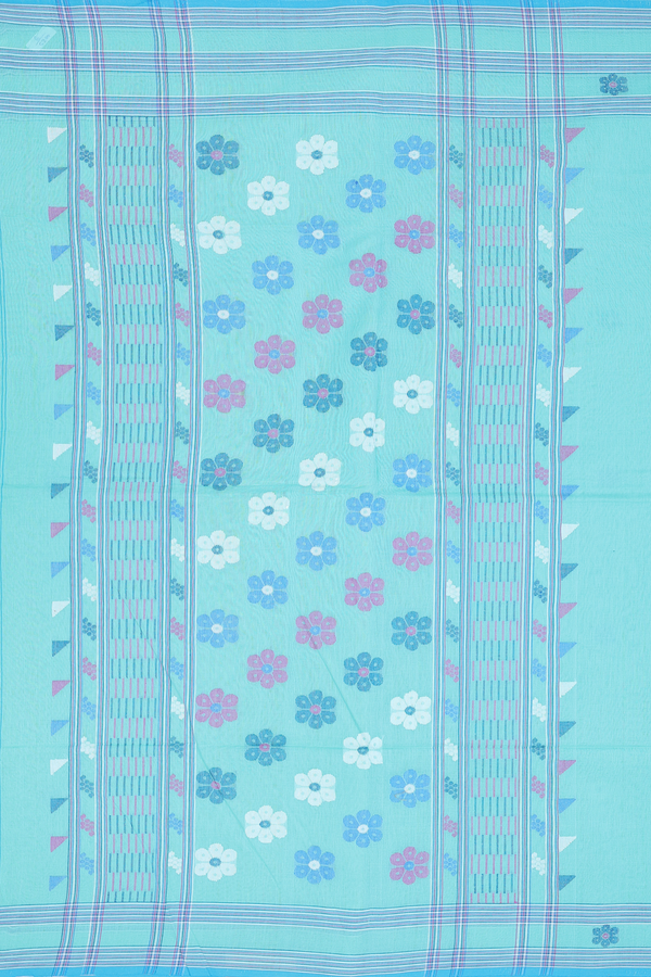 Bengal Cotton Saree In Tiffany Blue With Floral Buttas