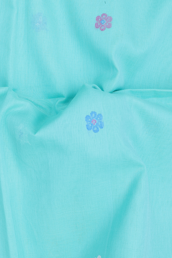 Bengal Cotton Saree In Tiffany Blue With Floral Buttas