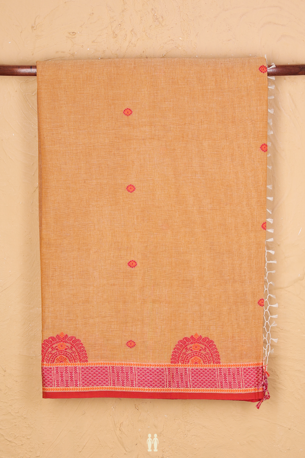 Bengal Cotton Saree In Brick Yellow With Floral Buttas